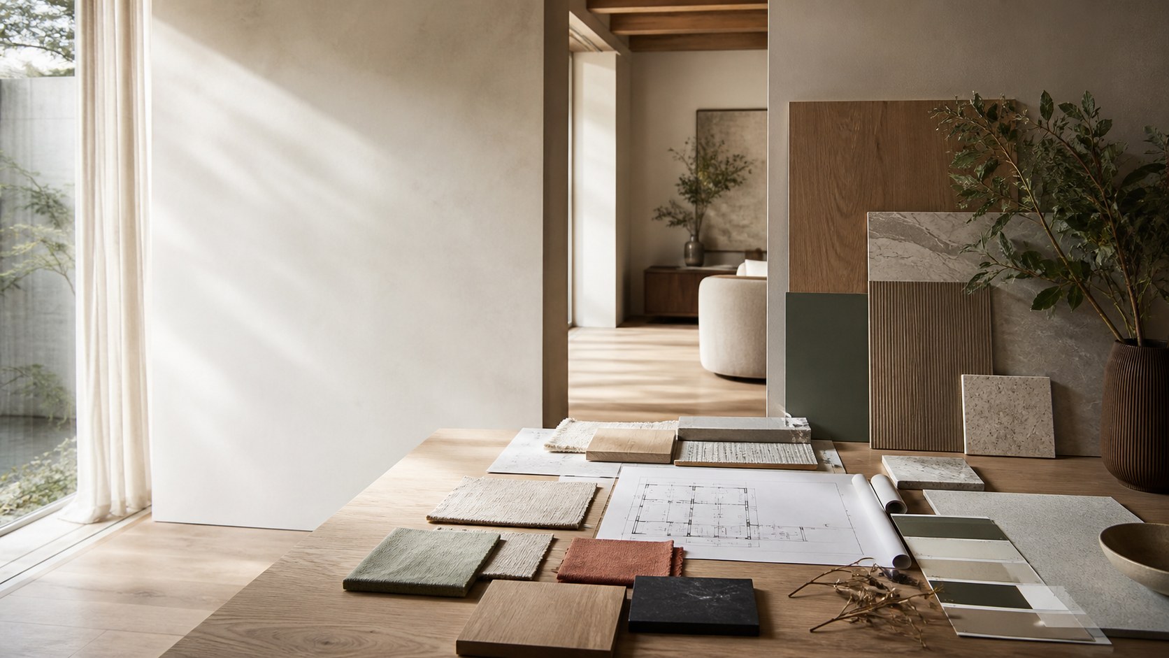 A sunlit design workroom with material samples, a floor plan, stone, timber, and fabric